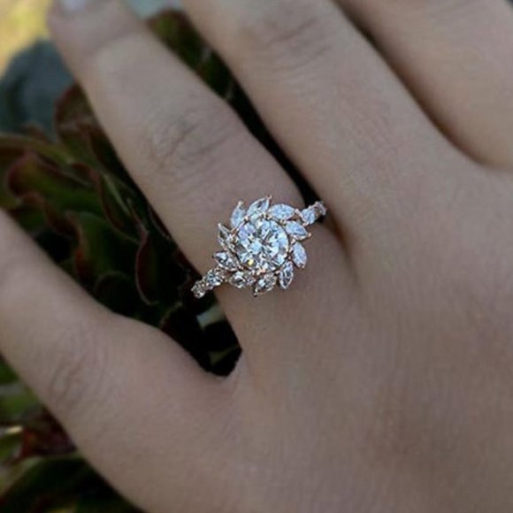 NEW Rose Gold Marquis Round Diamond Flower Ring - Picture 2 of 7